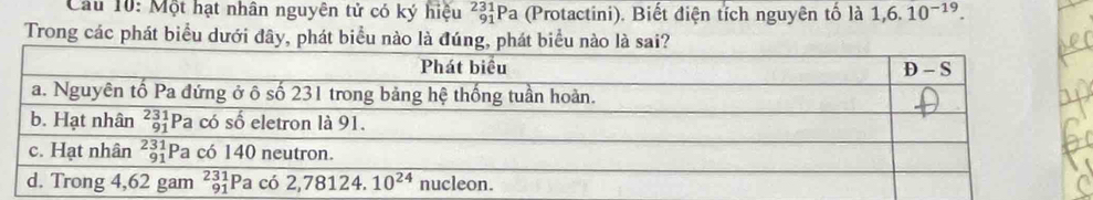 Cầu 10: Một hạt nhân nguyên tử có ký hiệu _(91)^(231)Pa (Protactini). Biết điện tích nguyên tố là 1,6.10^(-1) 9.
Trong các phát biểu dưới đây, phát biểu nào là đúng, phát biểu nào là sai?