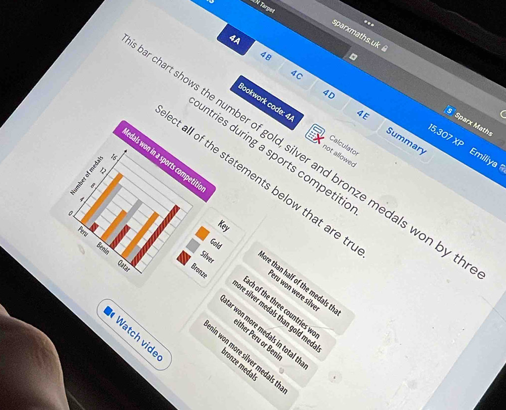 Target 
... 
sparxmaths.uk 
4A 
48 
s 
4c 
4D 
4E 
Bookwork code: 4. Calculator 
Sparx Maths 
15,307 XP 
Summary Emiliya 
r chart shows the number of gold, silver and bronze medals won by t 
untries during a sports competitic 
not allowed
16
edals won in a sports competiti 
ē 。 12 
ct all of the statements below that are t
8
4
0. 
Key 
Peru 
Gold 
Benin 
Qatar 
Bronze 
Silver ore than half of the medals th 
eru won were silve 
ch of the three countries w 
re silver medals than gold med 
car won more medals in total th 
Watch vide 
îther Peru or Beni 
hin won more silver medals th 
pronze medal