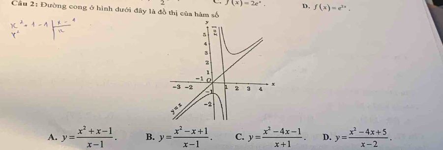 f(x)=2e^x. D. f(x)=e^(2x). 
Câu 2: Đường cong ở hình dưới đây là đồ thị của hàm số
A. y= (x^2+x-1)/x-1 . B. y= (x^2-x+1)/x-1 . C. y= (x^2-4x-1)/x+1 . D. y= (x^2-4x+5)/x-2 .