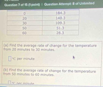 Question Attempt: 8 of Unlimited 
(a) Find the average rate of change for the temperature 
from 20 minutes to 30 minutes.
□°C per minute
(b) Find the average rate of change for the temperature 
from 50 minutes to 60 minutes. 
C ner minute