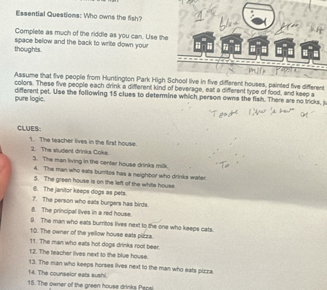 Essential Questions: Who owns the fish? 
Complete as much of the riddle as you can. Use th 
space below and the back to write down your 
thoughts. 
Assume that five people from Huntington Park Highd five different 
colors. These five people each drink a different kind of beverage, eat a different type of food, and keep a 
different pet. Use the following 15 clues to determine which person owns the fish. There are no tricks, ju 
pure logic. 
CLUES: 
1. The teacher lives in the first house. 
2. The student drinks Coke. 
3. The man living in the center house drinks milk. 
4. The man who eats burritos has a neighbor who drinks water. 
5. The green house is on the left of the white house. 
6. The janitor keeps dogs as pets. 
7. The person who eats burgers has birds. 
8. The principal lives in a red house. 
9. The man who eats burritos lives next to the one who keeps cats. 
10. The owner of the yellow house eats pizza. 
11. The man who eats hot dogs drinks root beer. 
12. The teacher lives next to the blue house. 
13. The man who keeps horses lives next to the man who eats pizza. 
14. The counselor eats sushi. 
15. The owner of the green house drinks Pensi