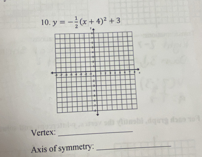 y=- 1/2 (x+4)^2+3
Vertex: 
_ 
Axis of symmetry:_