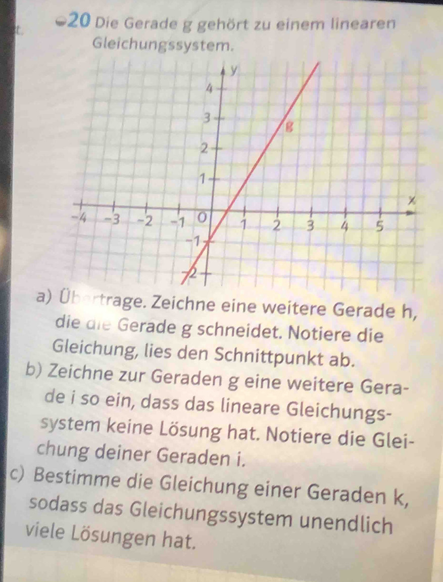 Die Gerade g gehört zu einem linearen 
Gleichungssystem. 
a) Übertrage. Zeichne eine weitere Gerade h, 
die die Gerade g schneidet. Notiere die 
Gleichung, lies den Schnittpunkt ab. 
b) Zeichne zur Geraden g eine weitere Gera- 
de i so ein, dass das lineare Gleichungs- 
system keine Lösung hat. Notiere die Glei- 
chung deiner Geraden i. 
c) Bestimme die Gleichung einer Geraden k, 
sodass das Gleichungssystem unendlich 
viele Lösungen hat.