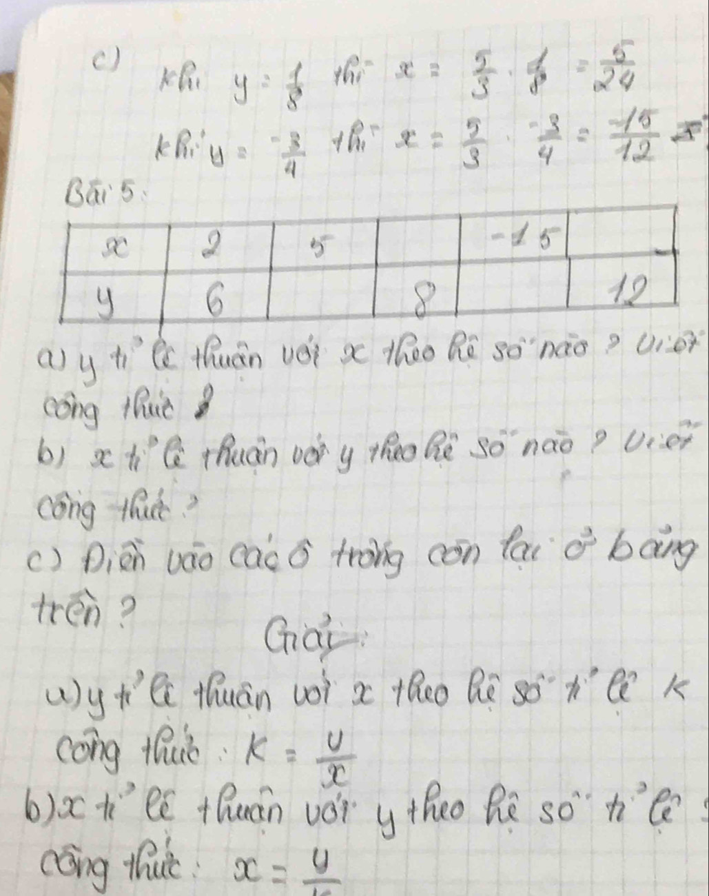 KR y= 1/8  thi x= 5/3 ·  1/8 = 5/24 
KR y=- 3/4 
x= 5/3 ·  (-3)/4 = (-15)/12 =
Bái 5. 
ay t_1^(3 (c thuán véi x theo Rē sò nào? Uier 
cóng thaè 
b) xt Q Hhuán vé y tho Bè sǒ nào? vier 
cong tuck? 
() Diàh váo cac G trong con fai o bāng 
tren? 
Ghái 
(ytíl Hhuán woì x theo Bè sò k 
cong thuò k=frac U)x
b)oc tē +huán vór y theo hē so t’l 
cong thut x= U/k 