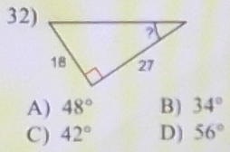 A) 48° B) 34°
C) 42° D) 56°