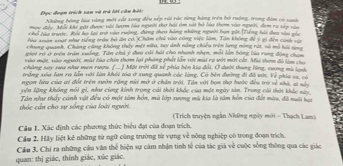 Đọc đoạn trích sau và trà lời câu hỏi:
Những bóng lúa vàng mới cắt xong đều xếp rải rác từng hàng trên bờ ruộng, trong đám có xanh
mọc đây. Mỗi khi gặt được vài lượm lúa người thợ hái ôm sát bó lúa thơm vào người, đem ra xếp vào
chỗ lửa trước. Rồi họ lại trở vào ruộng, đứng theo hàng những người bạn gặt. Tiếng hải đưa vào gốc
lúa xoàn xoạt như tiếng trâu bò ăn có.|Chăm chú vào công việc làm, Tân không để ý gì đến cảnh vật
chung quanh. Chàng cũng không thấy mệt nữa, tuy ánh nắng chiếu trên lưng nóng rát, và mỗ hôi từng
giọt ró ở trên trân xuống, Tân chú ý đưa cái hái chọ nhanh nhẹn, mỗi lần bóng lúa rung động chạm
vào mặt, vào người, mùi lúa chín thơm lại pháng phất lẫn với mùi rạ ướt mới cắt. Mùi thơm đó làm cho
chàng say sưa như men rượu. [...] Mặt trời đã xế phía bên kia đổi. Ở dưới thung lũng, sương mù lạnh
trắng xóa lan ra lẫn với làn khói tỏa ở xung quanh các làng. Có bên đường đi đã ưới. Về phía xa, có
ngọn lửa của ai đốt trên sườn rặng núi mờ ở chân trời. Tân với bọn thợ bước đều trở về nhà, ai nẫy
yên lặng không nói gì, như cùng kính trọng cái thời khắc của một ngày tàn. Trong cái thời khắc này,
Tân như thấy cảnh vật đều có một tâm hồn, mà lớp sương mù kia là tâm hồn của đất màu, đã nuôi hại
thóc cần cho sự sống của loài người.
(Trích truyện ngắn Những ngày mới - Thạch Lam)
Câu 1. Xác định các phương thức biểu đạt của đoạn trích.
Câu 2. Hãy liệt kê những từ ngữ cùng trường từ vựng về nông nghiệp có trong đoạn trích.
Câu 3. Chỉ ra những câu văn thể hiện sự cảm nhận tinh tế của tác giả về cuộc sống thông qua các giác
quan: thị giác, thính giác, xúc giác.