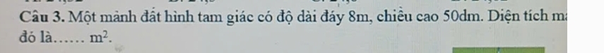 Một mảnh đất hình tam giác có độ dài đáy 8m, chiêu cao 50dm. Diện tích ma 
đó là._ m^2.