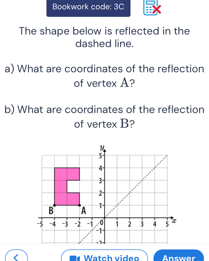 Bookwork code: 3C 
The shape below is reflected in the 
dashed line. 
a) What are coordinates of the reflection 
of vertex A? 
b) What are coordinates of the reflection 
of vertex B? 
Watch video Answer