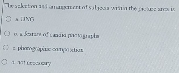 The selection and arrangement of subjects within the picture area is
a DNG
b. a feature of candid photographs
c photographic composition
d. not necessary