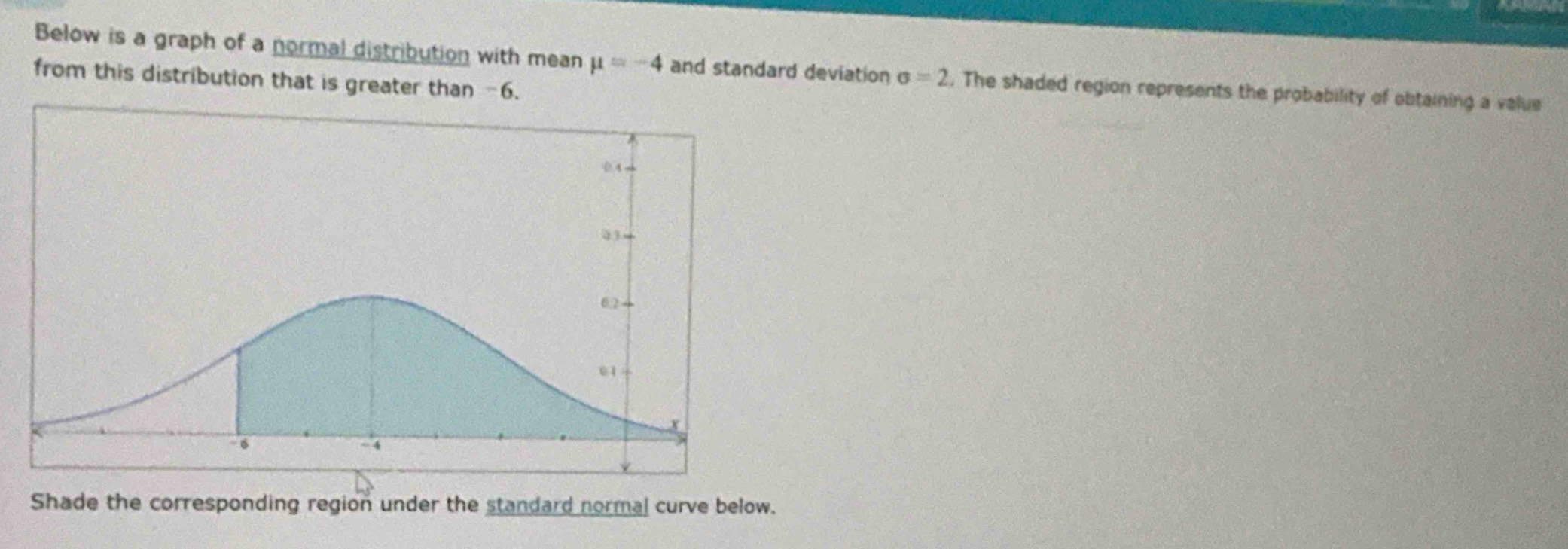 Below is a graph of a normal distribution with mean mu =-4 and standard deviation sigma =2. The shaded region represents the probability of obtaining a value 
from this distribution that is greater than -6. 
Shade the corresponding region under the standard normal curve below.