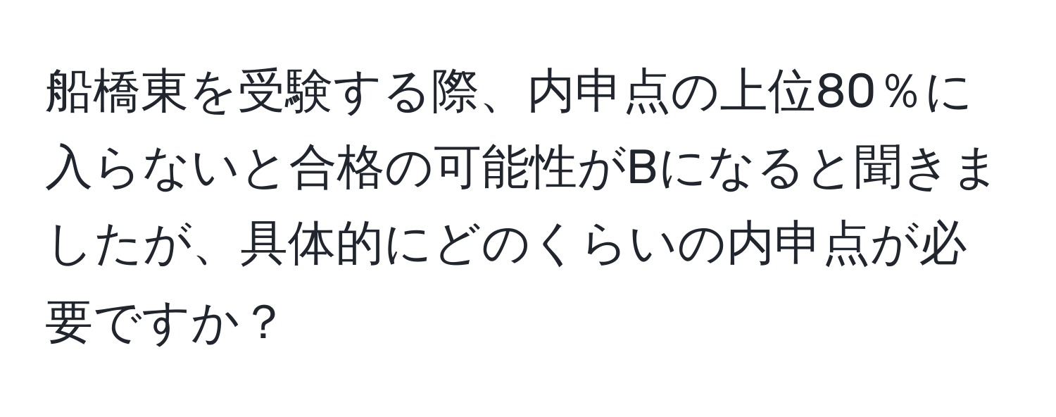 船橋東を受験する際、内申点の上位80％に入らないと合格の可能性がBになると聞きましたが、具体的にどのくらいの内申点が必要ですか？