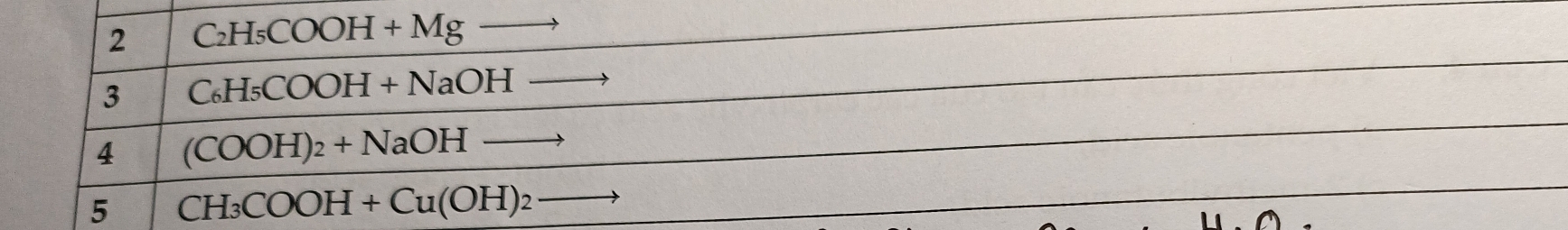 2 C_2H_5COOH+Mg
3 C_6H_5COOH+NaOH
4 (COOH)_2+NaOHto
5 CH_3COOH+Cu(OH)_2- _ y