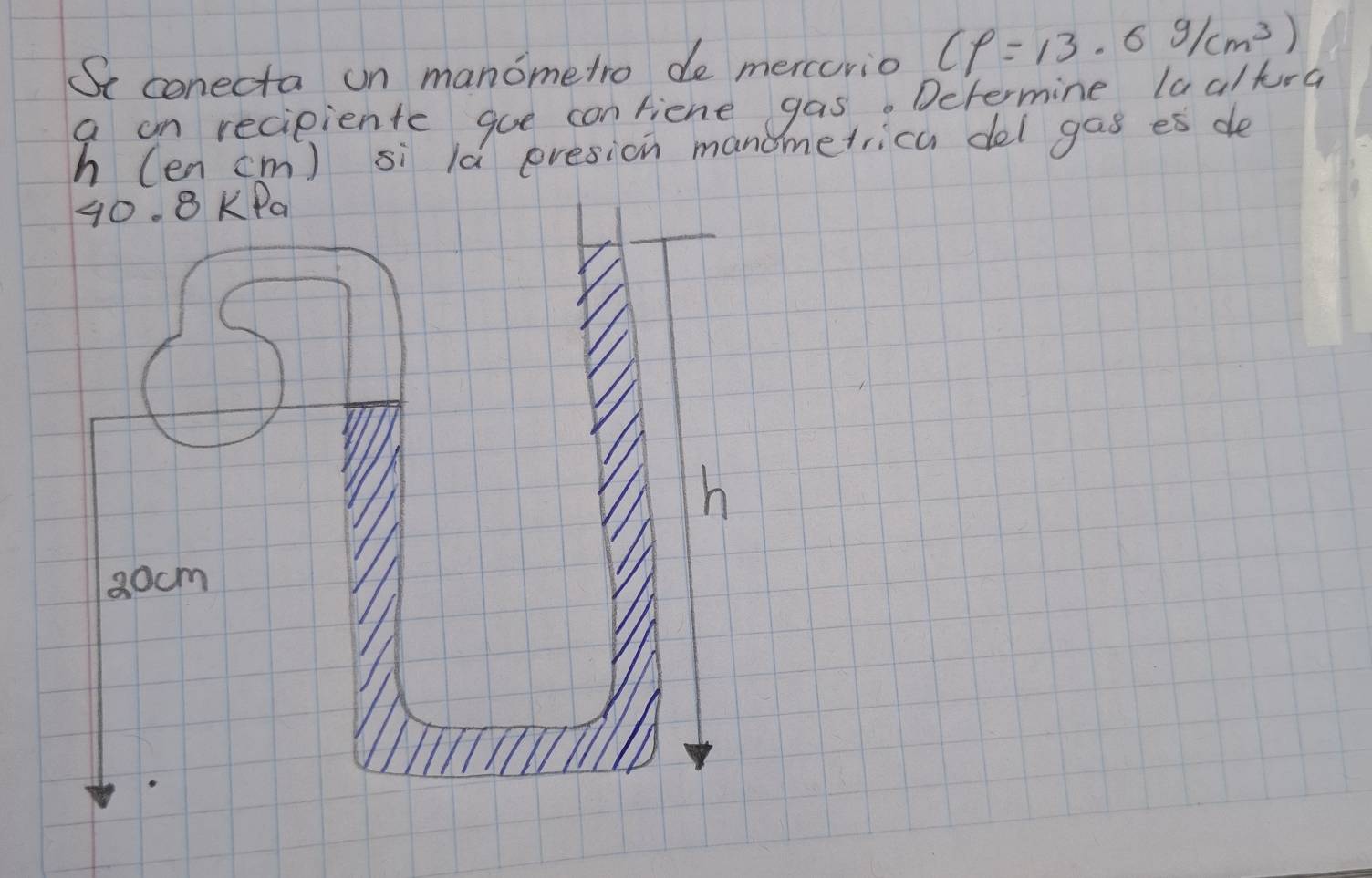 Se conecta on manometro de mercorio (rho =13.6g/cm^3)
a on recipiente goe contiene gas. Determine laaltra
h (en cm) si la evesion manometricu del gas es de
40. 8 KPa
h
80cm