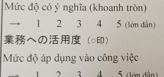 Mức độ có ý nghĩa (khoanh tròn)
1 2 3 4 5 (lớn dần) 
の (○) 
Mức độ áp dụng vào công việc
1 3 4 5. (lớn dần)