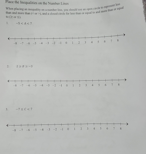 Place the Inequalities on the Number Lines 
When placing an inequality on a number line, you should use an open circle to represent less 
than and more than () , and a closed circle for less than or equal to and more than or equal
to(≥ or≤ )
1. -5
2. 2≥ B≥ -3
3. -7≤ C<7</tex>