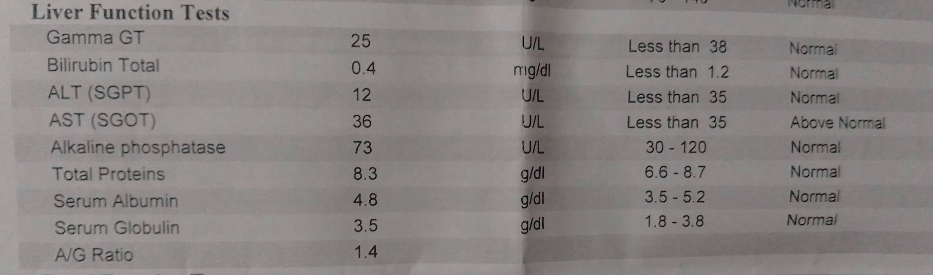 Liver Function Tests 
Normal