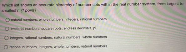 Which list shows an accurate hierarchy of number sets within the real ...
