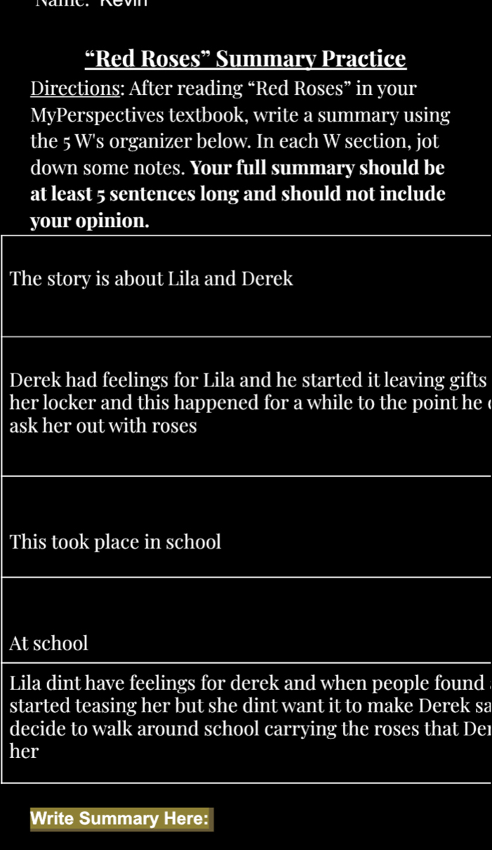 Solved: “Red Roses” Summary Practice Directions: After reading “Red ...