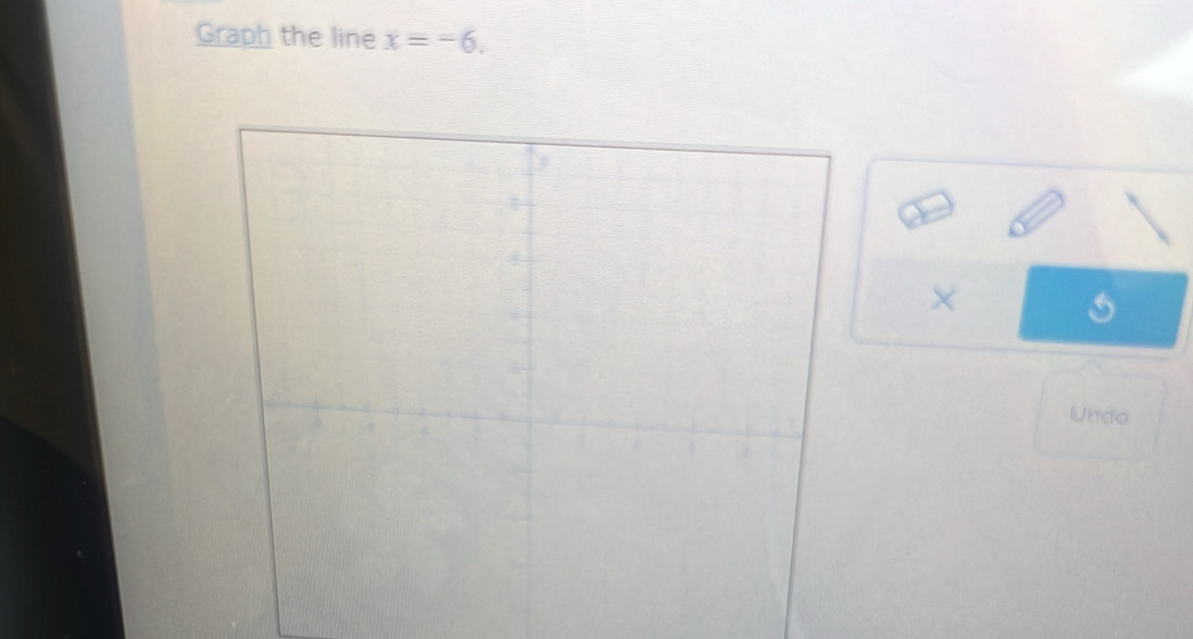 Graph the line x=-6. 
× 
Undo