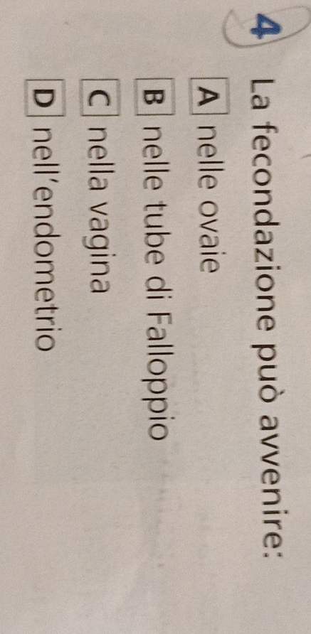 La fecondazione può avvenire:
A nelle ovaie
B nelle tube di Falloppio
C nella vagina
D nell´endometrio