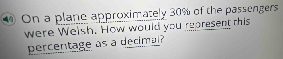 On a plane approximately 30% of the passengers 
were Welsh. How would you represent this 
percentage as a decimal?