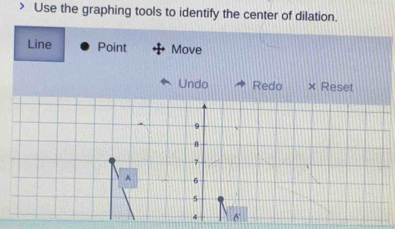 Use the graphing tools to identify the center of dilation.
Line Point Move
Undo Redo × Reset