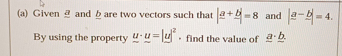 Given and b are two vectors such that |a+b|=8 and |_ a-_ b|=4. 
By using the property u· u=|u|^2 ， find the value of