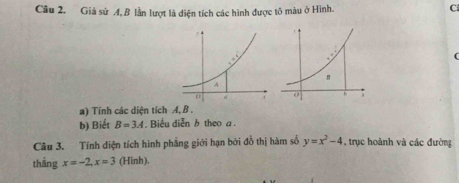 Giả sử . 4, B lần lượt là diện tích các hình được tô màu ở Hình. 
C 
( 

a) Tính các diện tích A, B. 
b) Biết B=3A. Biểu diễn b theo a. 
Câu 3. Tính diện tích hình phẳng giới hạn bởi đồ thị hàm số y=x^2-4 , trục hoành và các đường 
thắng x=-2, x=3 (Hình).