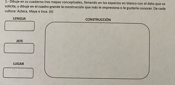 1.- Dibuje en su cuaderno tres mapas conceptuales, Ilenando en los espacios en blanco con el dato que se 
solicita, y dibuje en el cuadro grande la construcción que más le impresiona o le gustaría conocer. De cada 
cultura: Azteca, Maya e Inca. (6) 
LENGUA CONSTRUCCIÓN 
JEFE 
LUGAR