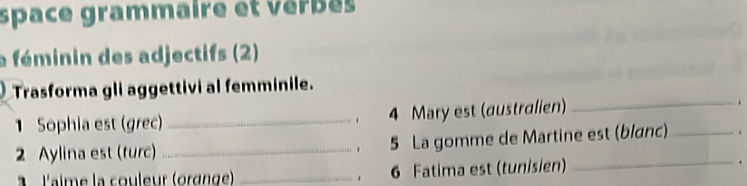 space grammaire et verbès 
a féminin des adjectifs (2) 
Trasforma gli aggettivi al femminile. 
1 Sophia est (grec) _、 4 Mary est (australien) _1 
2 Aylina est (turc) _5 La gomme de Martine est (blanc) _1 
à l'aime la couleur (orgnge) _1 6 Fatima est (tunisien) _.