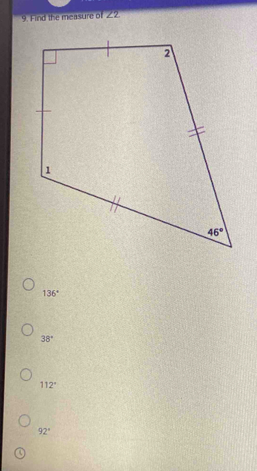 Find the measure of ∠ 2.
136°
38°
112°
92°