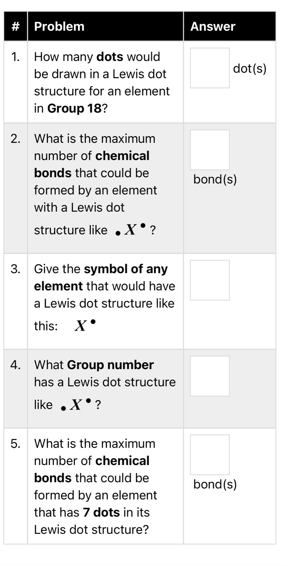 Problem Answer
1. 
2.
3.
4.
5.