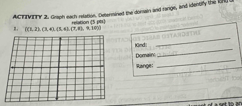 ACTIVITY 2. Graph each relation. Determined the domain and range, and identify the kind c 
relation (5 pts) 
1.  (1,2),(3,4),(5,6),(7,8),9,10)
Kind: 
_ 
Domain: 
_ 
Range: 
_ 
a set to an