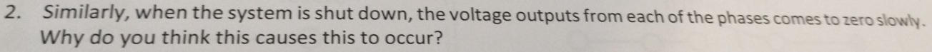 Similarly, when the system is shut down, the voltage outputs from each of the phases comes to zero slowly. 
Why do you think this causes this to occur?