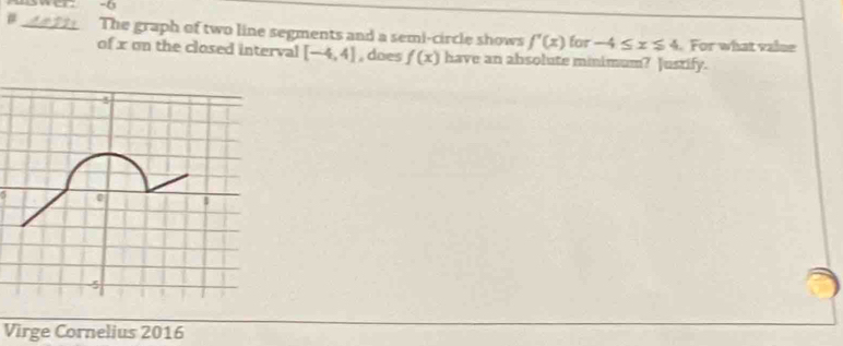 6 
# The graph of two line segments and a semi-circle shows f'(x) for -4≤ x≤ 4 For what valse 
of x on the closed interval [-4,4] , does f(x) have an absolute minimum? Justify. 
Virge Cornelius 2016