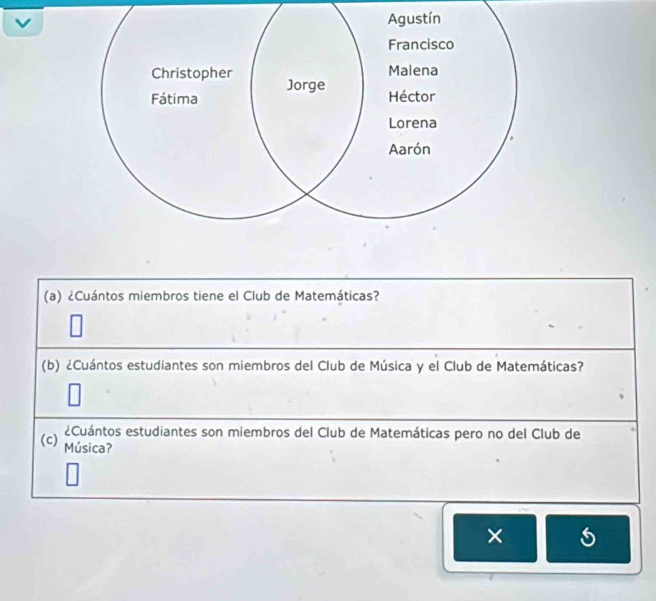 ¿Cuántos miembros tiene el Club de Matemáticas? 
(b) ¿Cuántos estudiantes son miembros del Club de Música y el Club de Matemáticas? 
¿Cuántos estudiantes son miembros del Club de Matemáticas pero no del Club de 
(c) Música?