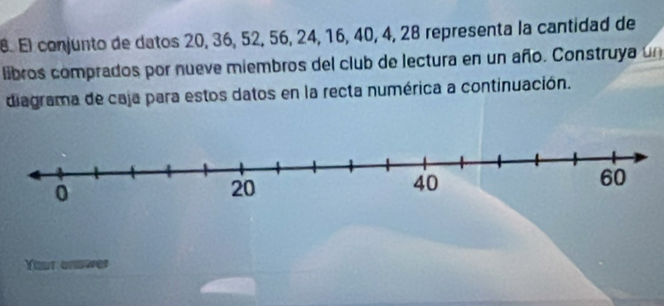 El conjunto de datos 20, 36, 52, 56, 24, 16, 40, 4, 28 representa la cantidad de 
libros comprados por nueve miembros del club de lectura en un año. Construya un 
diagrama de caja para estos datos en la recta numérica a continuación. 
Your onswer