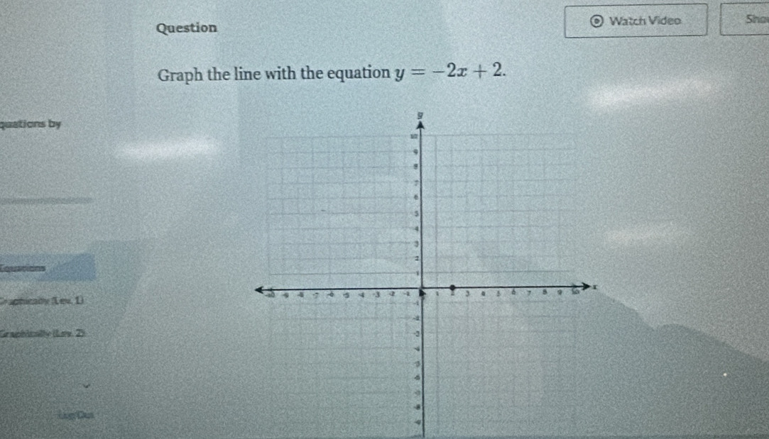 Watch Video Sha 
Question 
Graph the line with the equation y=-2x+2. 
quations by 
Cqussions 
C aphically Lev. 1 
Graphicalte (Lee. 2) 
Lag Cn 
4