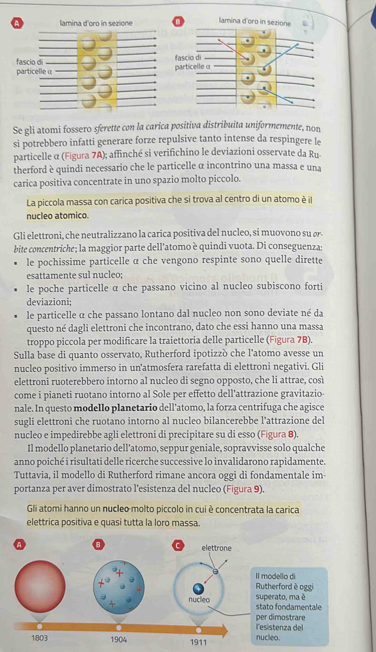 Se gli atomi fossero sferette con la carica positiva distribuita uniformemente, non
si potrebbero infatti generare forze repulsive tanto intense da respingere le
particelle α (Figura 7A); affinché si verifichino le deviazioni osservate da Ru-
therford è quindi necessario che le particelle α incontrino una massa e una
carica positiva concentrate in uno spazio molto piccolo.
La piccola massa con carica positiva che si trova al centro di un atomo è il
nucleo atomico.
Gli elettroni, che neutralizzano la carica positiva del nucleo, si muovono su σ-
bite concentriche; la maggior parte dell’atomo è quindi vuota. Di conseguenza:
le pochissime particelle α che vengono respinte sono quelle dirette
esattamente sul nucleo;
le poche particelle α che passano vicino al nucleo subiscono forti
deviazioni;
le particelle α che passano lontano dal nucleo non sono deviate né da
questo né dagli elettroni che incontrano, dato che essi hanno una massa
troppo piccola per modificare la traiettoria delle particelle (Figura 7B).
Sulla base di quanto osservato, Rutherford ipotizzò che l’atomo avesse un
nucleo positivo immerso in un’atmosfera rarefatta di elettroni negativi. Gli
elettroni ruoterebbero intorno al nucleo di segno opposto, che li attrae, così
come i pianeti ruotano intorno al Sole per effetto dell’attrazione gravitazio-
nale. In questo modello planetario dell’atomo, la forza centrifuga che agisce
sugli elettroni che ruotano intorno al nucleo bilancerebbe l’attrazione del
nucleo e impedirebbe agli elettroni di precipitare su di esso (Figura 8).
Il modello planetario dell’atomo, seppur geniale, sopravvisse solo qualche
anno poiché i risultati delle ricerche successive lo invalidarono rapidamente.
Tuttavia, il modello di Rutherford rimane ancora oggi di fondamentale im-
portanza per aver dimostrato l’esistenza del nucleo (Figura 9).
Gli atomi hanno un nucleo molto piccolo in cui è concentrata la carica
elettrica positiva e quasi tutta la loro massa.