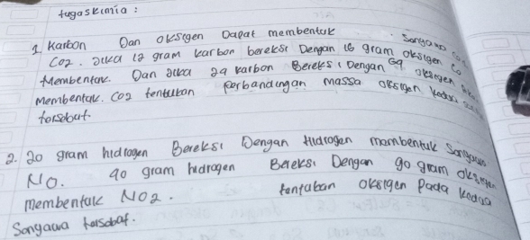 fugaskimia: 
1 Karbon Oan olesigen Dapat membentak 
Co2. ouca la gram karbon bereksi Dengan 16 gram oksigen co 
Membentak. Oan ala aa varbon Berees ( Dengan oq oeaegen ar 
Membentak. co2 tentutan perbandingan massa ousigen kokes sony 
forsebout 
2. 20 gram hidrogen Berelesi Dengan Hlarogen membenfakl Songuon 
NO. go gram haragen Beeks. Dengan go gram Oksnien 
membentak NOa. 
fantaban Oksigen Pada kedag 
Sonyawa farsobaf.