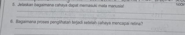 Jelaskan bagaimana cahaya dapat memasuki mata manusia! wour 
_ 
_ 
_ 
6. Bagaimana proses penglihatan terjadi setelah cahaya mencapai retina? 
_