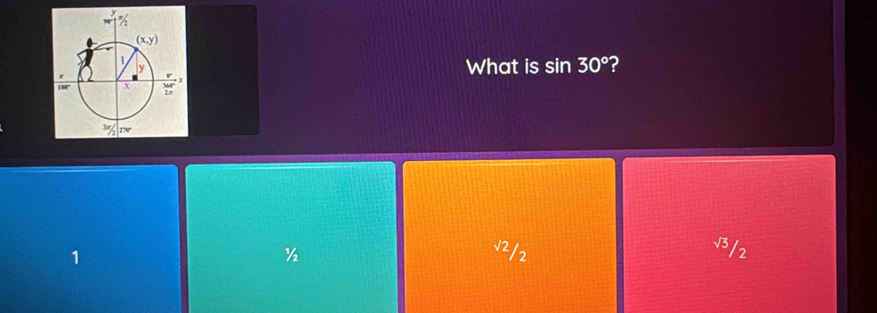 What is sin 30° ?
1 V3/2
½ V2/2