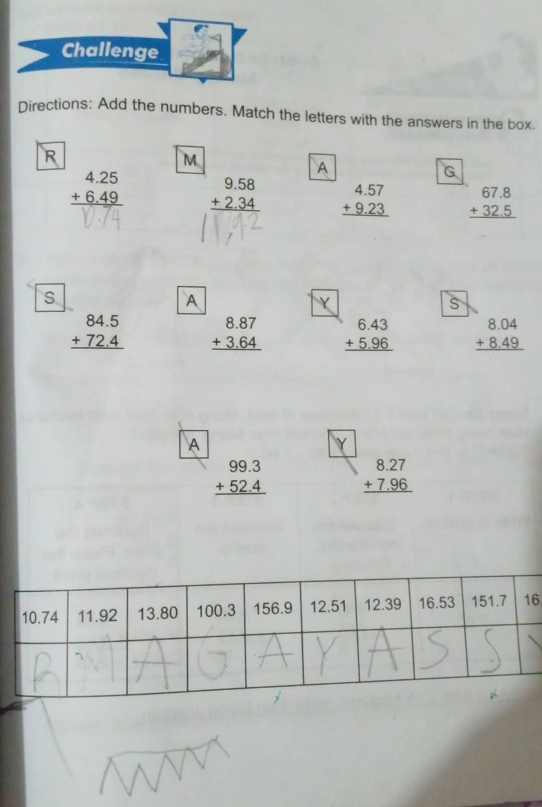 Challenge
Directions: Add the numbers. Match the letters with the answers in the box.
R
M
beginarrayr 4.25 +6.49 hline endarray
A
G
beginarrayr 9.58 +2.34 hline endarray
beginarrayr 4.57 +9.23 hline endarray
beginarrayr 67.8 +32.5 hline endarray
S
A
s
beginarrayr 84.5 +72.4 hline endarray
beginarrayr 8.87 +3.64 hline endarray
beginarrayr 6.43 +5.96 hline endarray
beginarrayr 8.04 +8.49 hline endarray
A
beginarrayr 99.3 +52.4 hline endarray
beginarrayr 8.27 +7.96 hline endarray
6