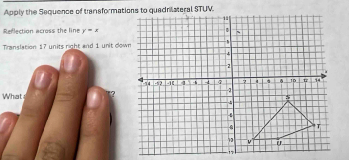 Apply the Sequence of transformations to quadrilateral STUV. 
Reflection across the line y=x
Translation 17 units right and 1 unit down 
? 
What