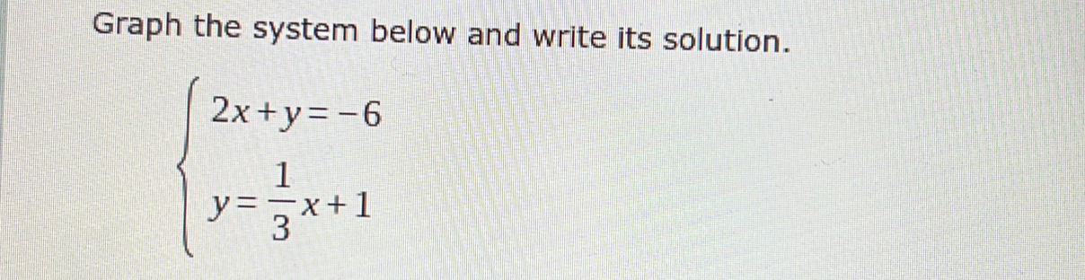 Graph the system below and write its solution.
beginarrayl 2x+y=-6 y= 1/3 x+1endarray.