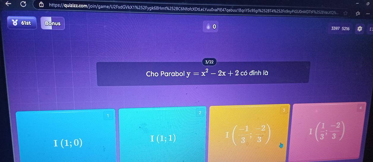 61st Bonus
0
3397 5216
3/22
Cho Parabol y=x^2-2x+2 có đỉnh là
1
I(1;0)
I(1;1)
I( (-1)/3 ; (-2)/3 )
I( 1/3 ; (-2)/3 )