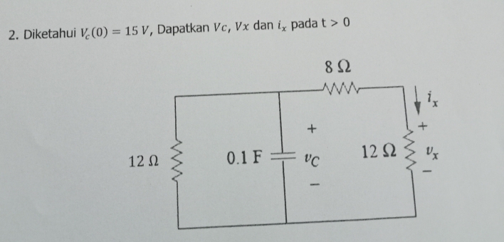 Diketahui V_c(0)=15V , Dapatkan Vc, Vx dan i_x pada t>0