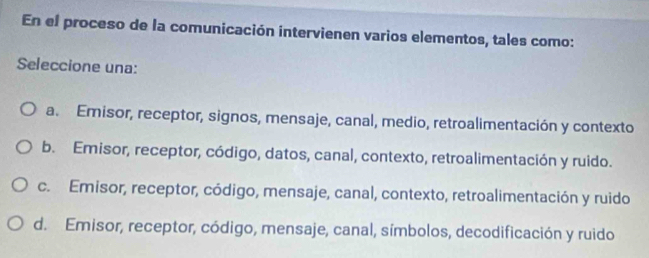 En el proceso de la comunicación intervienen varios elementos, tales como:
Seleccione una:
a. Emisor, receptor, signos, mensaje, canal, medio, retroalimentación y contexto
b. Emisor, receptor, código, datos, canal, contexto, retroalimentación y ruido.
c. Emisor, receptor, código, mensaje, canal, contexto, retroalimentación y ruido
d. Emisor, receptor, código, mensaje, canal, símbolos, decodificación y ruido