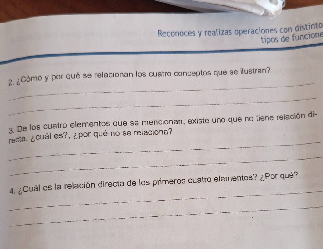 Reconoces y realizas operaciones con distinto 
tipos de funcione 
_ 
2. ¿Cómo y por qué se relacionan los cuatro conceptos que se ilustran? 
_ 
3. De los cuatro elementos que se mencionan, existe uno que no tiene relación di- 
_ 
recta, ¿cuál es?, ¿por qué no se relaciona? 
_ 
_ 
4. ¿Cuál es la relación directa de los primeros cuatro elementos? ¿Por qué? 
_