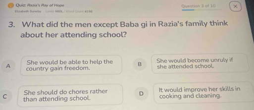 Razia's Ray of Hope Question 3 of 10 ×
Elwabeth Suneby Loobe 680L / Word Count 4198.
3. What did the men except Baba gi in Razia's family think
about her attending school?
She would be able to help the B She would become unruly if
A country gain freedom. she attended school.
She should do chores rather D It would improve her skills in
C than attending school. cooking and cleaning.